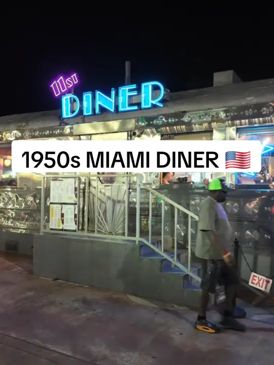 11th Street Diner in Miami Beach showing review, visit, atmosphere, neon lights, classic burgers, chocolate milkshake, video by rockseventeen on TikTok