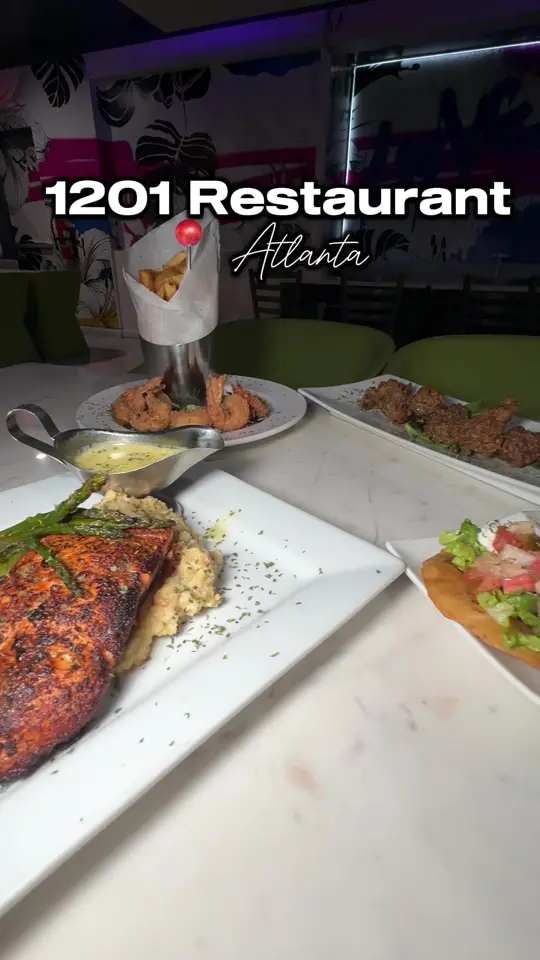 1201 Restaurant in Atlanta showing review, shrimp & fries, chicken tacos, honey garlic lemon pepper wings, lemon butter salmon, video by twocentsliyah on TikTok