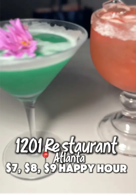 1201 Restaurant in Atlanta showing review, visit, happy hour, garlic & herb pizza, shrimp & fries, breaded wings, non breaded wings, chicken tacos, red snapper, video by twocentsliyah on TikTok