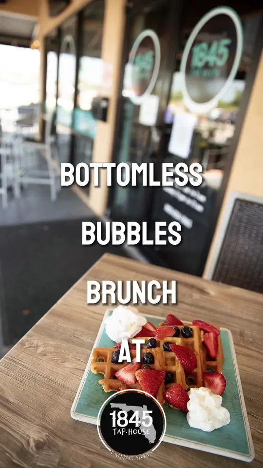  in Florida showing brunch, chicken and waffles, avocado toast, live music, bottomless mimosas, video by 1845taphouse on TikTok
