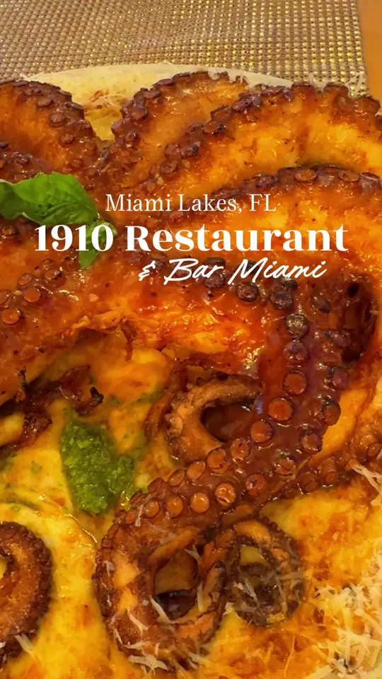 1910 Restaurant & Bar Miami Lakes in Miami Lakes showing review, cheese balls, pineapple sauce, wagyu flap sirloin, la reina de la casa pizza, grilled octopus, video by eatyourcontent on TikTok