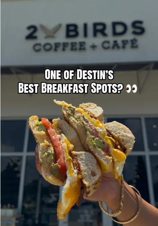 2 Birds Coffee And Cafe in Miramar Beach showing review, visit, chef made breakfast items, from scratch pastries, lattes, video by the850foodie on TikTok
