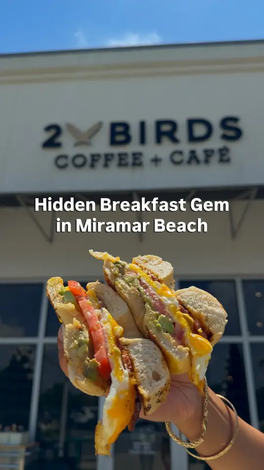 2 Birds Coffee And Cafe in Miramar Beach showing review, visit, breakfast, bagel, french toast, video by The 850 Foodie on Facebook