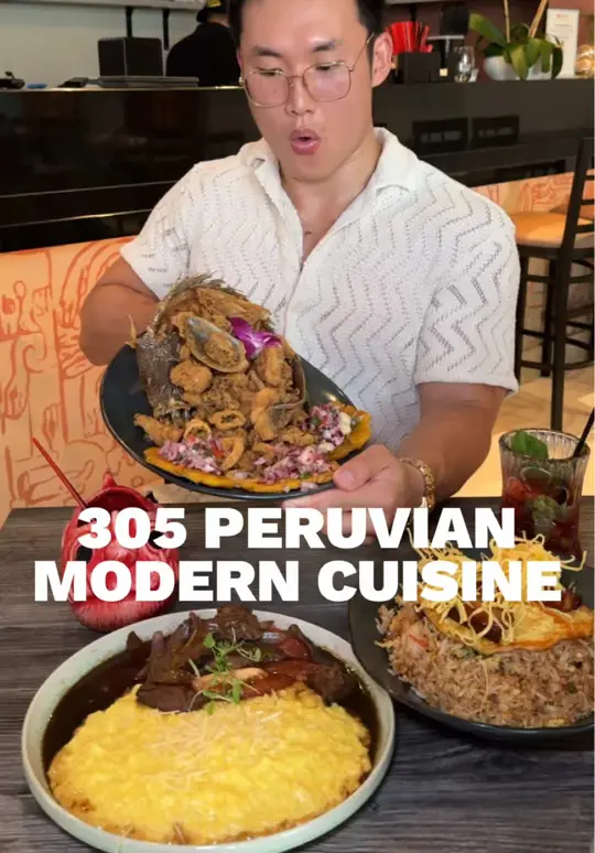 305 Peruvian Modern Cuisine in Miami showing review, pulpo anticuchero, jalea mixta, tostones acevichados mix, vuelve a la vida, trilogía de ceviche, clásico de tirad, video by zackaryeats on TikTok