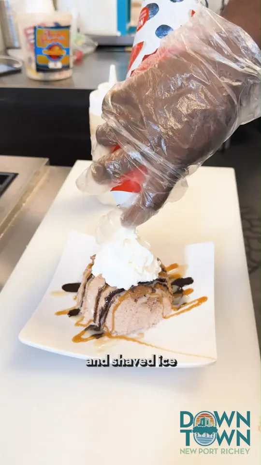 32 Degrees Below Fla in New Port Richey showing shaved snow ice cream, gluten free food, video by Downtown New Port Richey on Facebook
