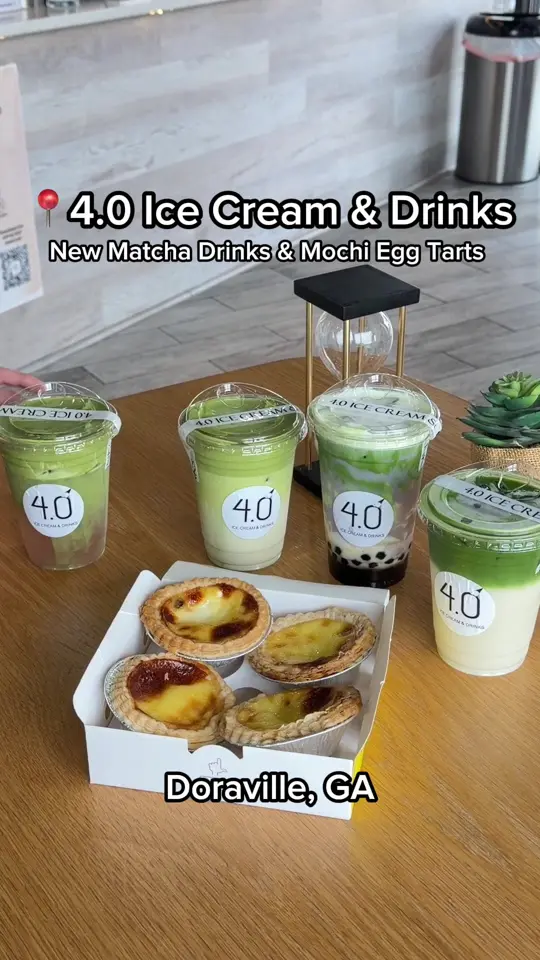4.0 Ice Cream & Drinks in Doraville showing drink, oat matcha latte, food, mochi egg tart, drink, matcha camellia, video by mis.shelly on TikTok