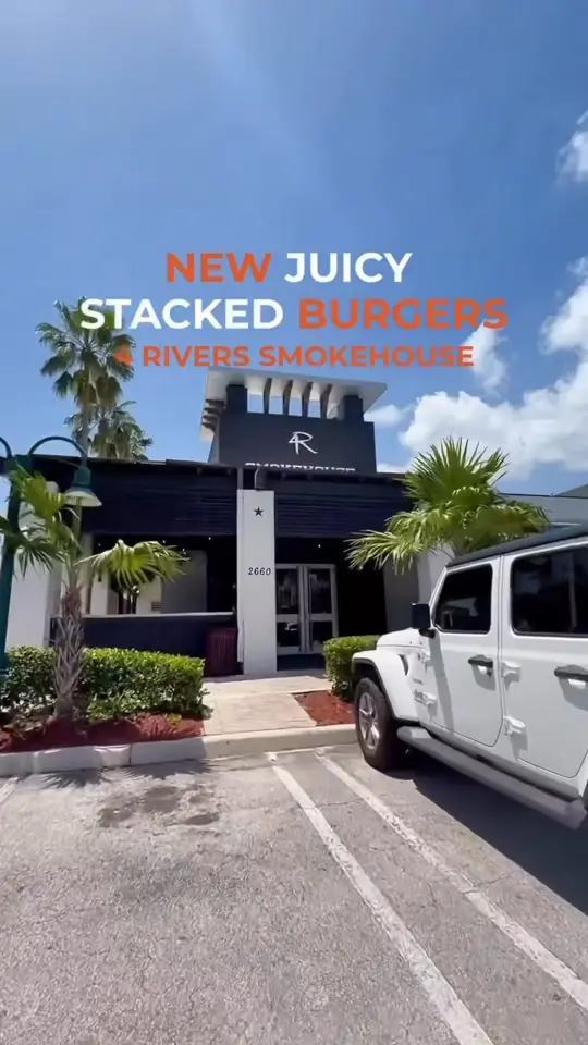 4 Rivers Smokehouse in Orlando showing menu items, grilled chicken sandwich, all american cheeseburger, smoke stack burger, video by TAPinto Coral Springs on Facebook