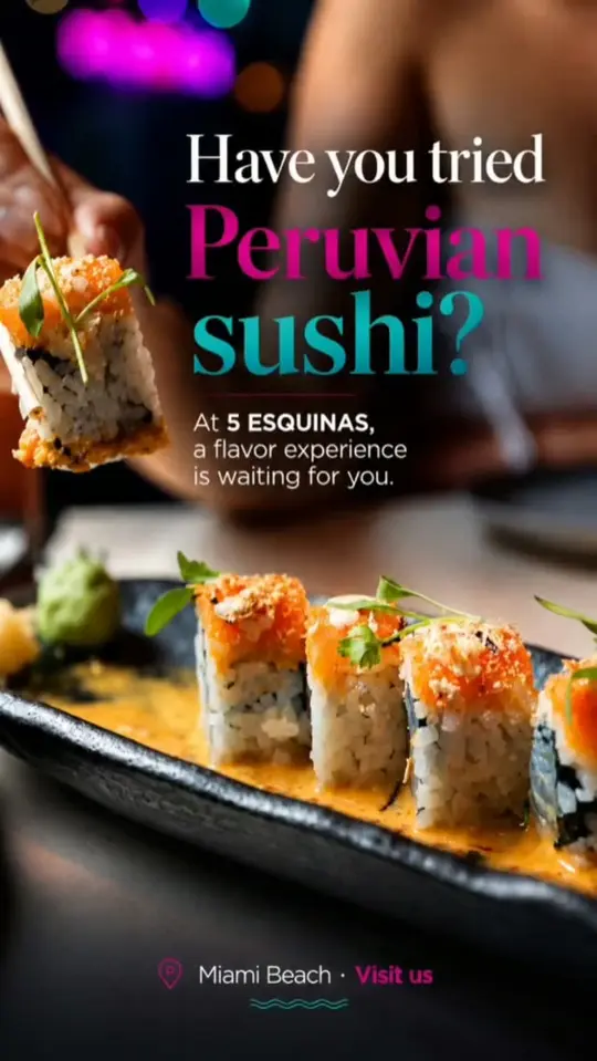 5 Esquinas in Miami Beach showing sushi, peruvian cuisine, cocktails, miami beach dining, video by Henry Vera on Facebook