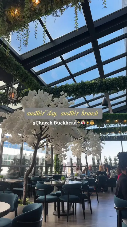 5Church Buckhead in Atlanta showing cocktail, mixed berry spritz mocktail / food, chicken and waffle / food, punched potatoes, video by yeaitsarianna on TikTok