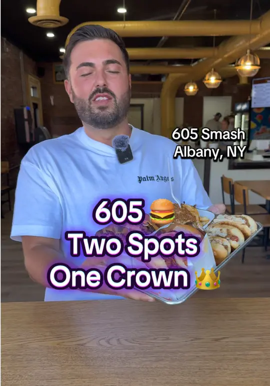605 smash in Albany showing restaurant review, smashburger, chicken sandwich, video by domcreviews on TikTok