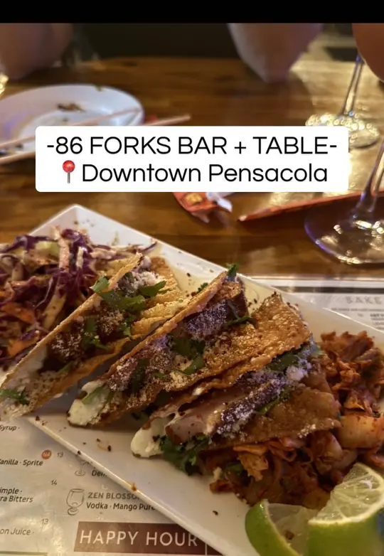 86 Forks Bar + Table in Pensacola showing small plates, shareable food, video by lindsie.carter on TikTok