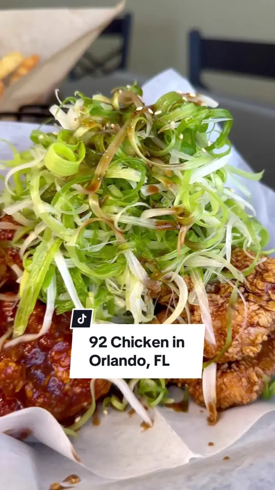 92 Chicken Orlando in Orlando showing review, korean fried chicken, boneless wings, honey cheese fries, video by christinainitalia on TikTok