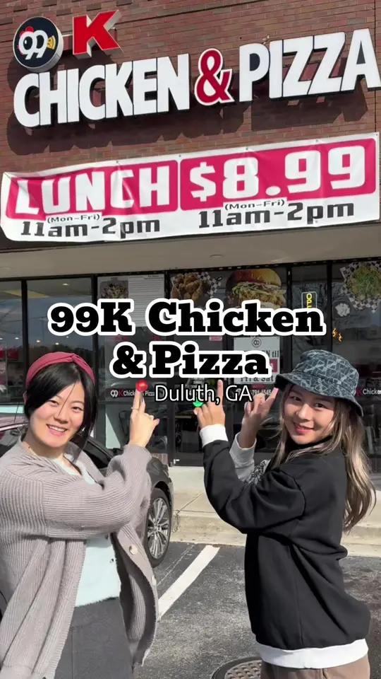99K Chicken & Pizza-Johns Creek in Duluth showing review, fried chicken, green onion chicken, snow cheese chicken, tteokbokki, mozzarella sticks, korean gourmet pizza, video by atlanta_foodyyyyy on TikTok
