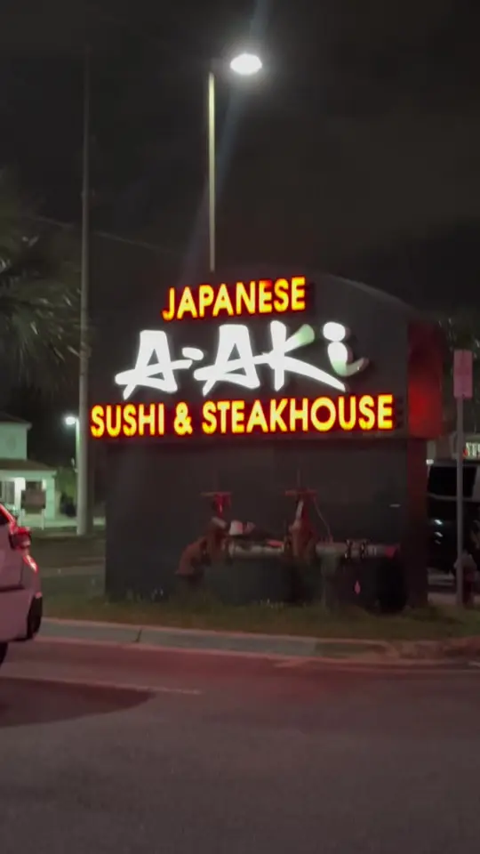 A-Aki Sushi & Steakhouse in Orlando showing sushi, sashimi, rolls, fried calamari, seaweed salad, crab rangoon, video by 2orlandofoodies on TikTok