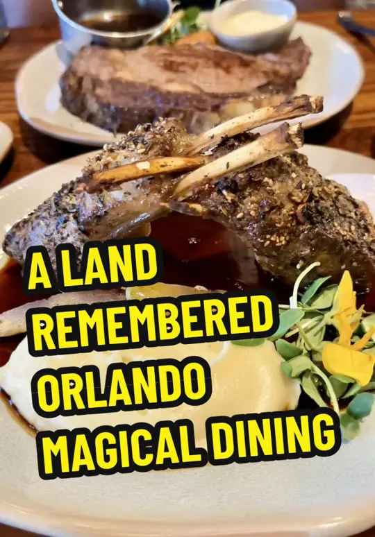 A Land Remembered in Orlando showing food, steakhouse wedge, house smoked bacon, charred octopus, slow roasted prime rib, seared alaskan halibut, gundagai lamb rack, banana caramel cheesecake, video by briantreks on TikTok