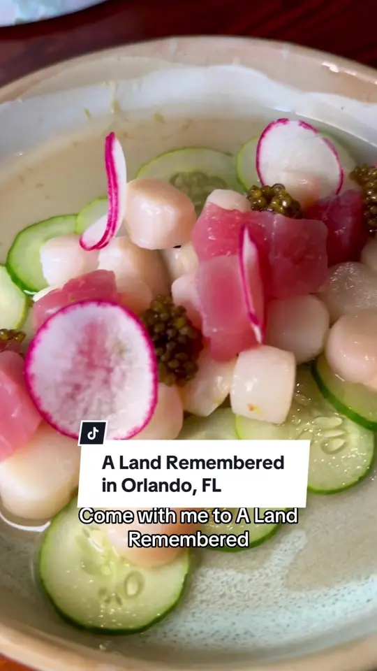 A Land Remembered in Orlando showing review, 3 course prix fix menu, lamb chops, tuna and scallop ceviche, prime rib, chocolate cake, video by christinainitalia on TikTok