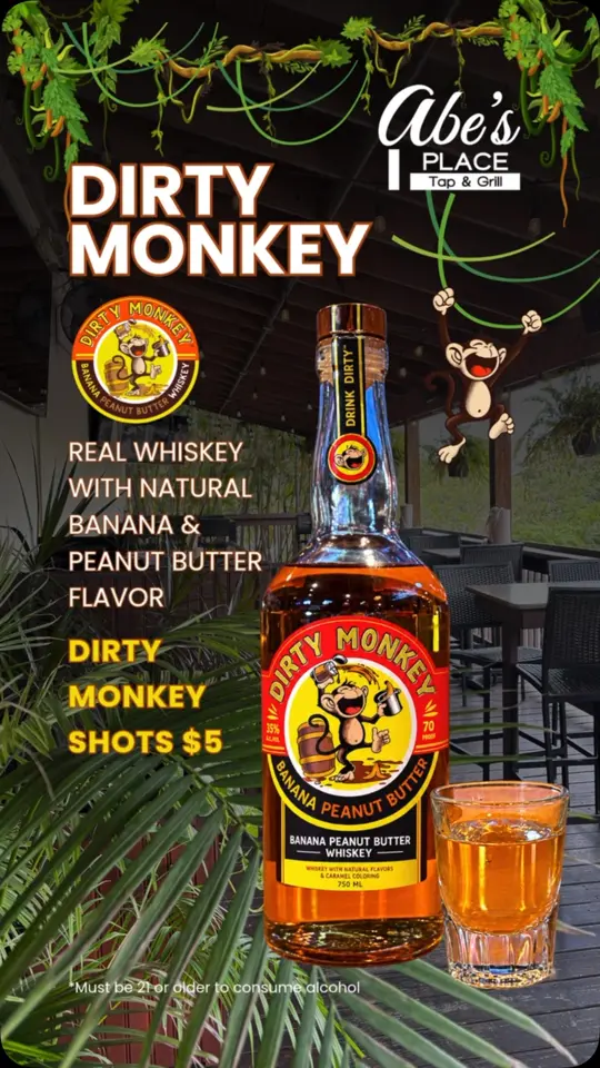  in Florida showing drinks, dirty monkey shots, video by Abe's Place Tap & Grill on Facebook