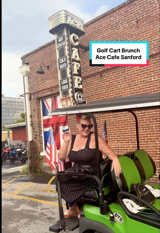 Ace Cafe Sanford in Sanford showing event, golf cart brunch, food, biscuits & gravy, drinks, bloody mary bar, video by sanfordcollabs on TikTok