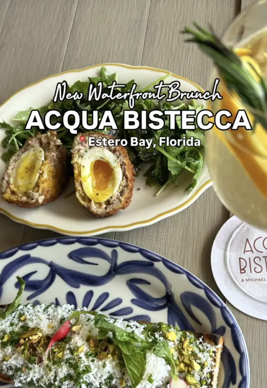 Acqua Bistecca in Bonita Springs showing brunch, two-course menu, spritz, bloody mary, tableside tiramisu toast, video by courtney_swfl on TikTok
