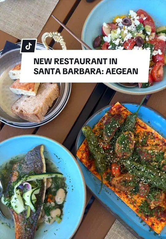 Aegean Restaurant in Shalimar showing review, seasonal spritz, tzatziki, smoked labneh, tavuk kebab, sea bass, video by visitsantabarbara on TikTok