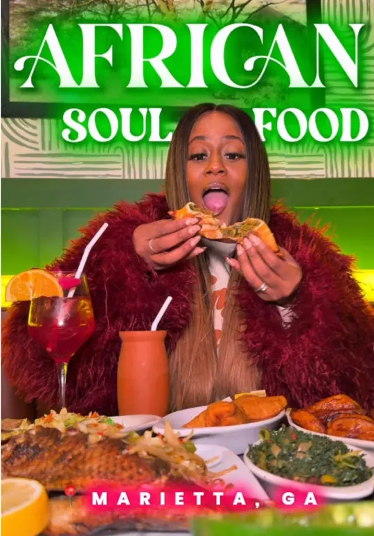 African Soulfood in Marietta showing review, visit, samosas, egusi soup with fufu, grilled tilapia, fried goat meat, fried plantains, jollof rice, video by hungryhomegirl on TikTok