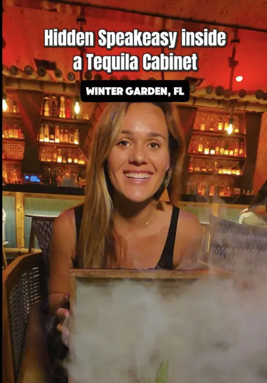 Agave Bandido in Winter Garden showing review, visit, cocktail, smoking treasure chest, food, quesadilla, video by neverboredinorlando on TikTok