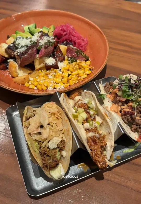 Agave Social in Tampa showing review, visit, street corn queso, gaucho bowl, salt & vinegar chip taco, video by kateyyliu on TikTok