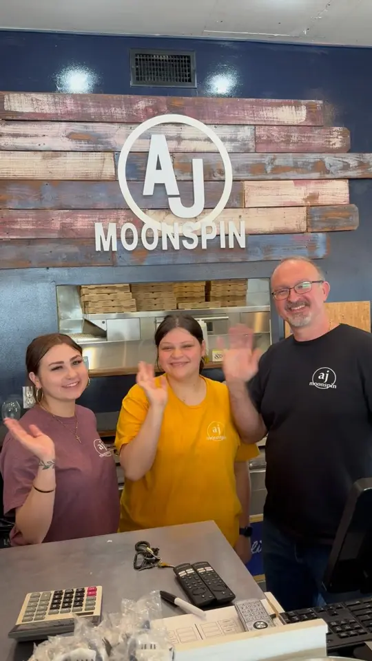 AJ Moonspin Pizza in Thomasville showing pizza, pasta, wings, hand-tossed pizzas, in-house pasta, casual atmosphere, video by Downtown Thomasville, Georgia on Facebook