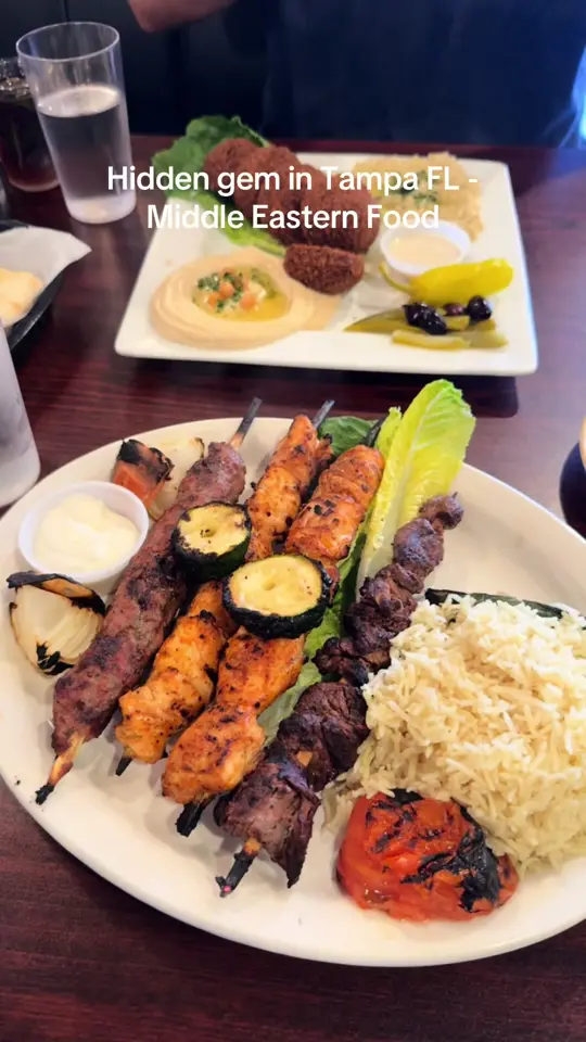 AL Sham Palace in Tampa showing review, mixed grill, rice, salad, arabic teas, falafel meal, hummus, babaganoush, video by tampaiman on TikTok
