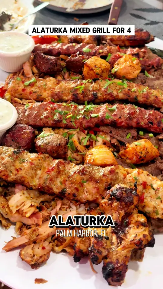 Alaturka Mediterranean Grill & Bakery in Palm Harbor showing restaurant visit, turkish food, mediterranean food, grilled meat, hummus, lavash bread, video by denalovesfood on TikTok