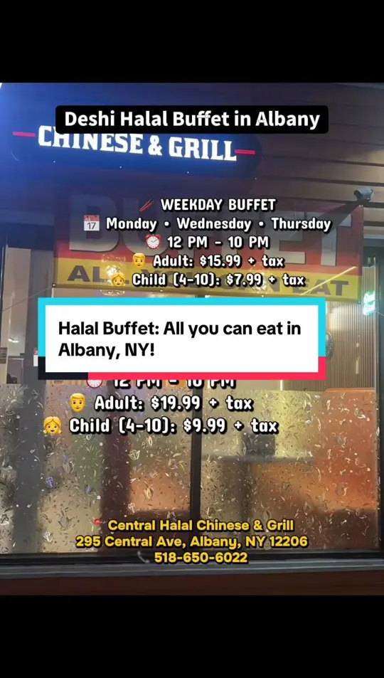 Albany Buffet in Albany showing buffet, halal chinese food, deshi favorites, video by central.halal.chi on TikTok