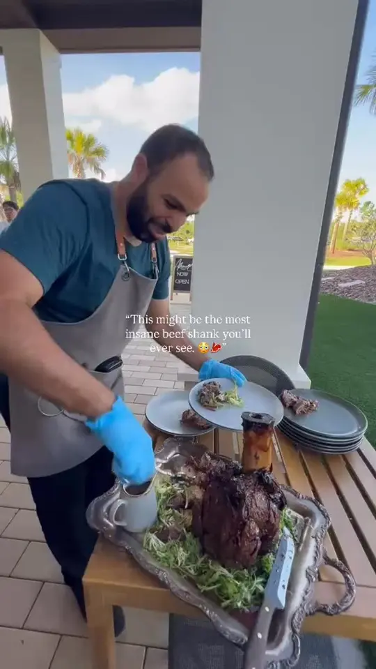 Allswell in Sarasota showing slow-braised cowboy beef shank, red wine demi-glace, whipped potatoes, mac n cheese, broccolini, video by Allswell on Facebook
