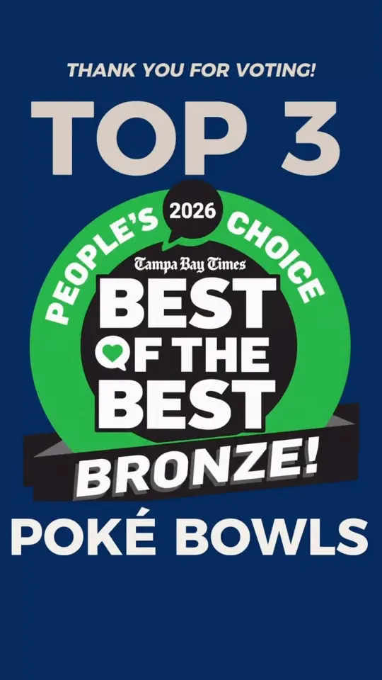 Aloha Ansley Hawaiian Fusion Restaurant in Largo showing award, top 3 poké bowls in tampa bay times best of the best 2026, video by Aloha Ansley Hawaiian Fusion on Facebook