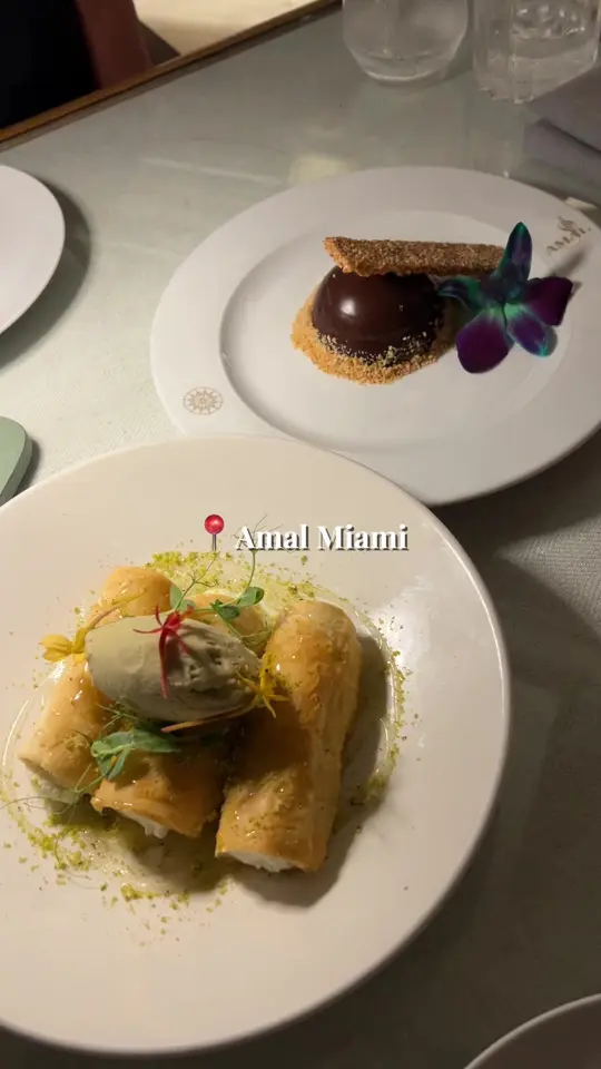 Amal Miami in Miami showing restaurant visit, modern lebanese cuisine, hummus, kibbeh, branzino, skewer platters, ashta with phyllo, chocolate halva mousse, video by residentmagazine on TikTok