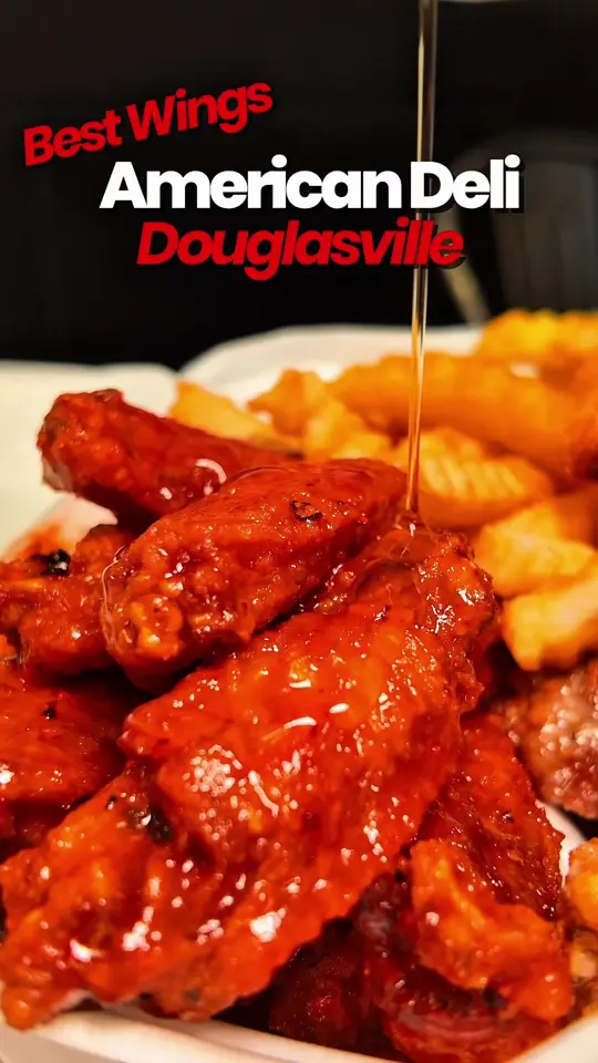 American Deli in Atlanta showing review, visit, wings, honey hot wings, garlic parmesan wings, peach drink, video by hungryhomegirl on TikTok