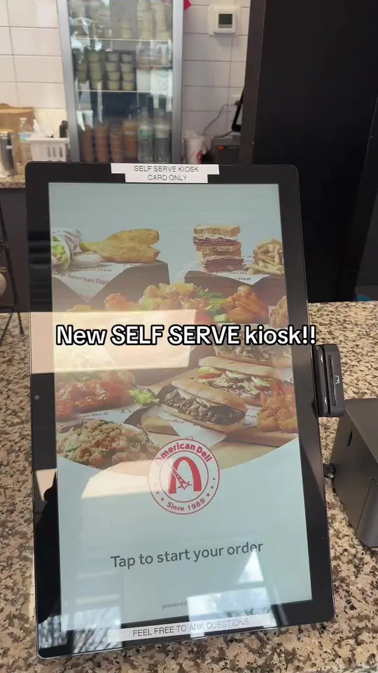American Deli in Austell showing self-serve kiosk, restaurant visit, video by americandeli_austell on TikTok