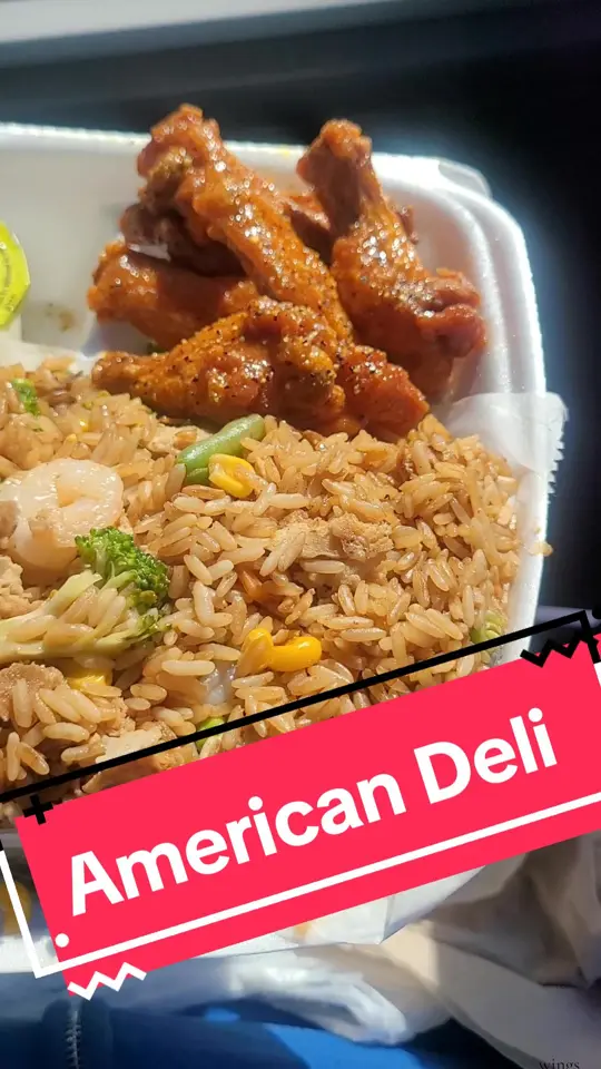 American Deli in Conyers showing food, house fried rice, food, mild lemon pepper sprinkle wings, video by contentwitkesha on TikTok