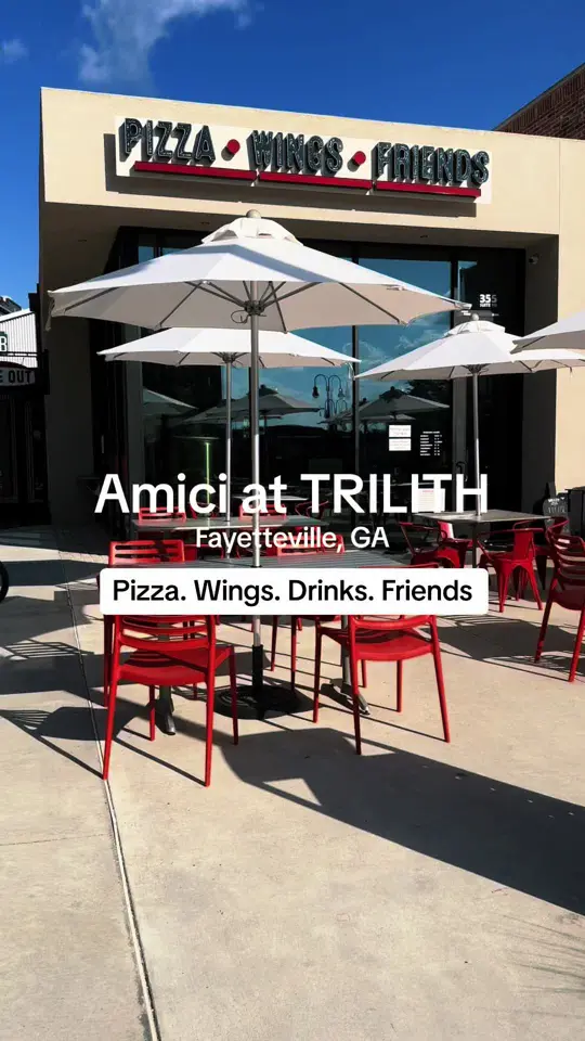 Amici at Trilith in Fayetteville showing pizza, wings, buffalo dip, drinks, patio, video by contentbyerin on TikTok