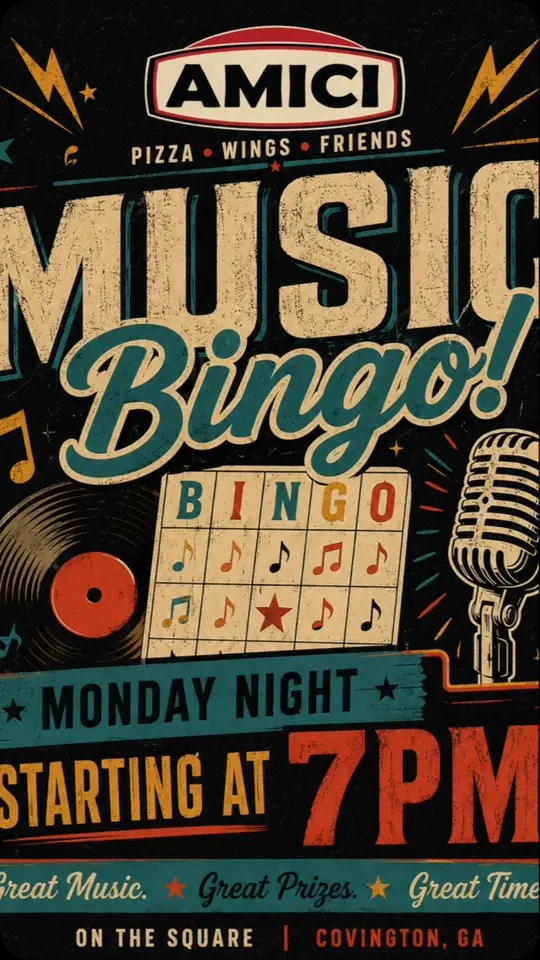 Amici on the Square in Covington showing music bingo, pizza, video by Amici on the Square on Facebook