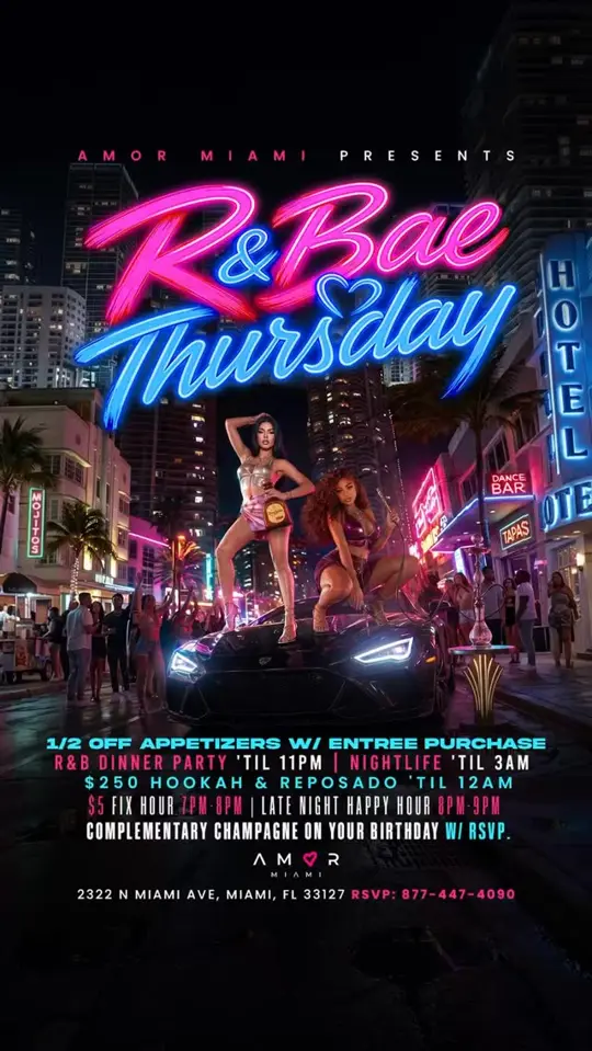 Amor Miami in Miami showing event, r&bae thursdays, dj set, happy hour, nightlife, video by Amor Miami on Facebook