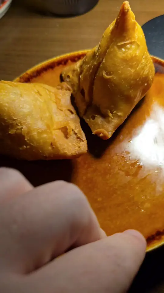 Amrit Palace in Ocala showing food review, vegetable samosas, mango lassi, gobi manchurian, chicken tandoori, garlic naan, fluffy rice, video by advicefrog_420 on TikTok