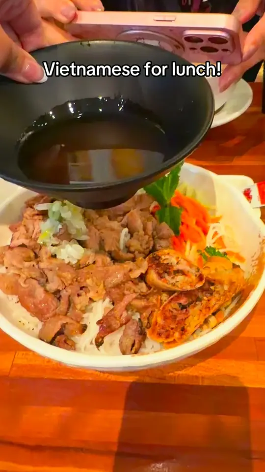 Anh's Kitchen in Atlanta showing pho combo, grilled pork vermicelli noodles, video by Asian Food Atlanta on Facebook