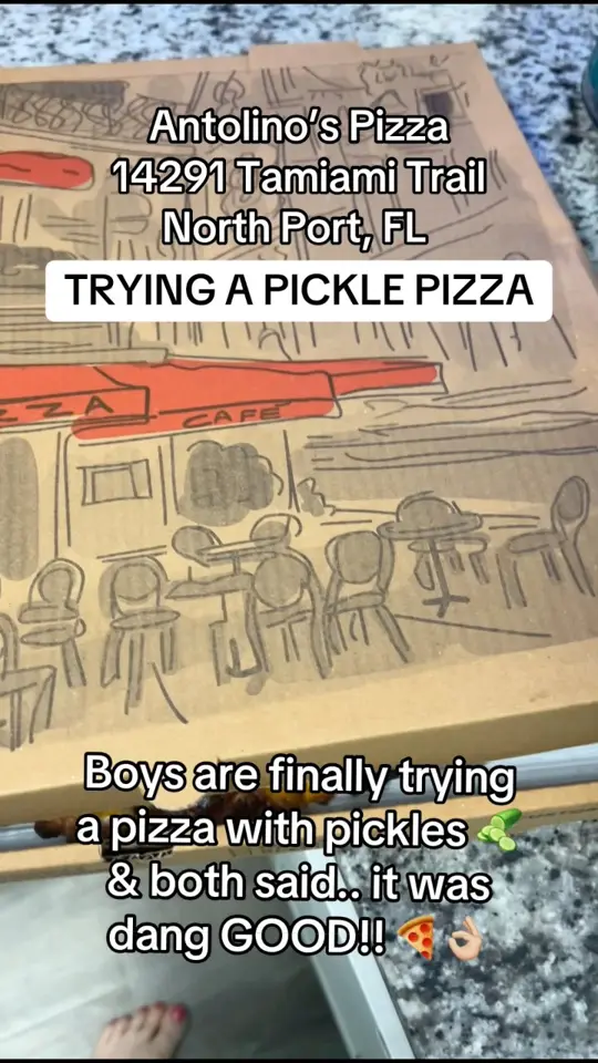 Antolino's Pizza in North Port showing pizza, pickled pizza, video by Raelene Cleveland on Facebook