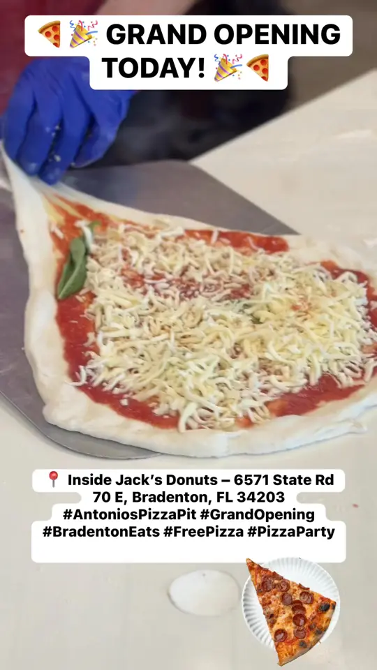 Antonio's Pizza Pit in Sarasota showing grand opening, free pizza, family fun, video by Jack's Donuts of Florida on Facebook