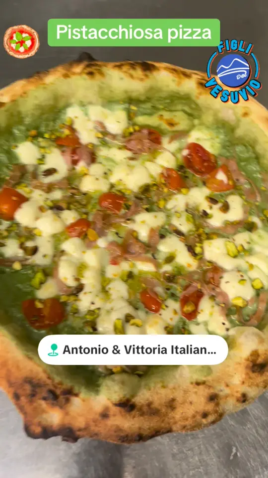 Antonio & Vittoria Italian Tavern in Satellite Beach showing pizza, pistachio pizza, video by Antonio & Vittoria Italian Tavern on Facebook