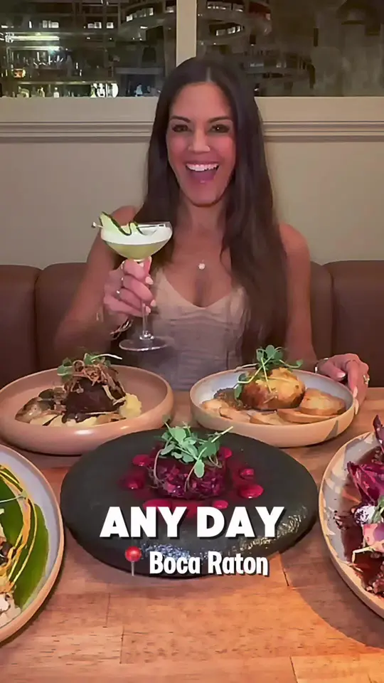 Anyday Boca in Boca Raton showing cocktail, organic dish, video by sarahsarpolis on TikTok