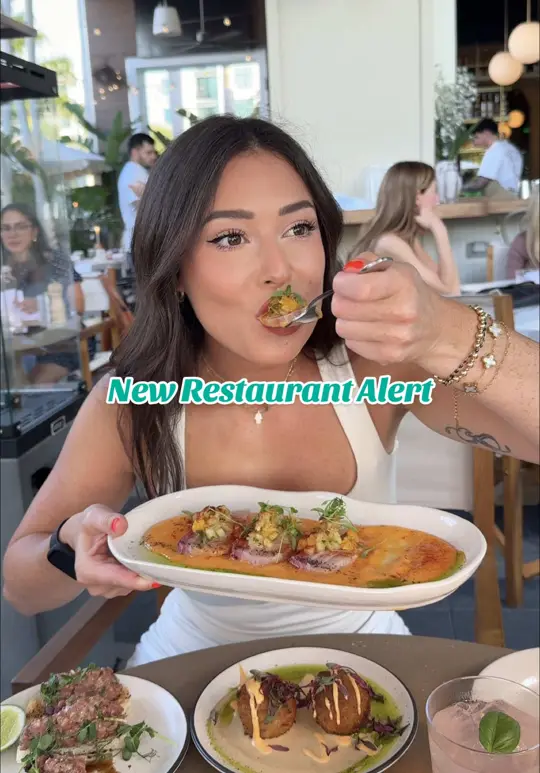 Anyday Boca in Boca Raton showing tapas, tropical crudo, truffle steak tartare, branzino, cheesecake, video by sydney.austinn on TikTok
