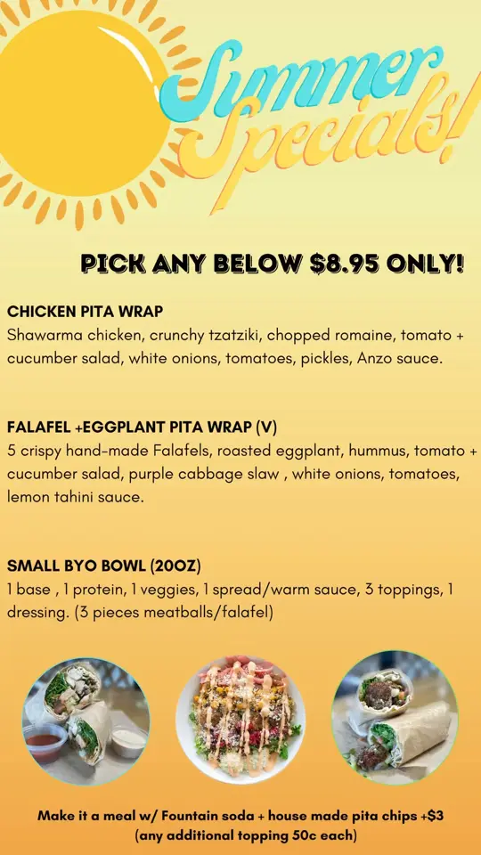 Anzo - Boynton Beach in Boynton Beach showing food, falafel eggplant pita, shawarma chicken pita, build your own bowl, video by ANZO Mediterranean Kitchen on Facebook