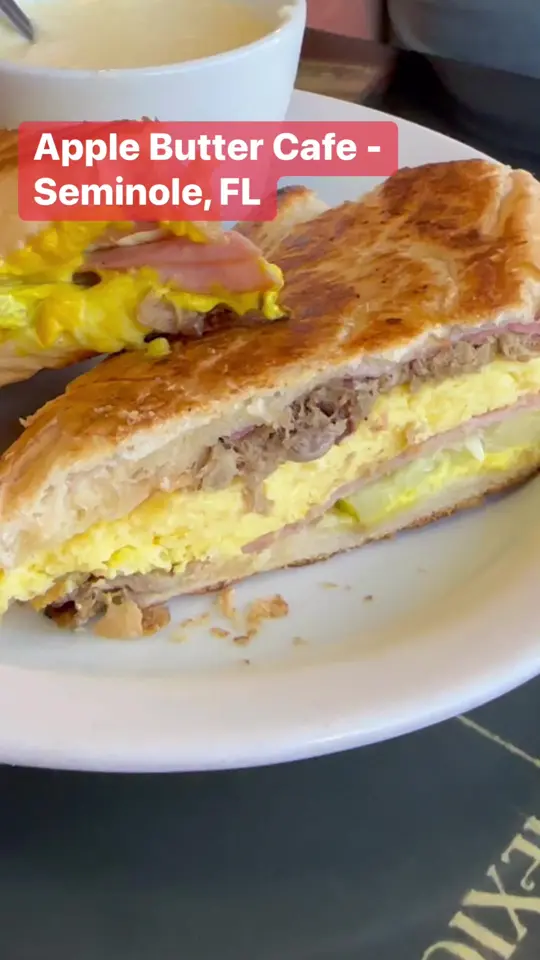 Apple Butter Cafe in Seminole showing breakfast, eggs, cuban sandwich, roast pork, bacon, comfort food, video by Jeff and Mark Exploring on Facebook