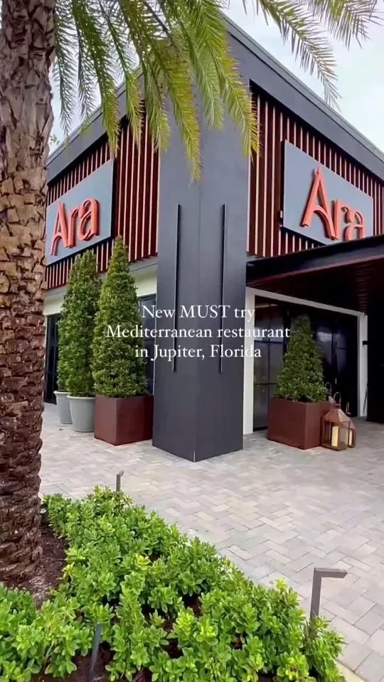 Ara Jupiter in Jupiter showing restaurant visit, mediterranean food, flavor south florida dinner menu, pita with tzatziki, salmon, fried risotto, video by thepalmbeaches on TikTok
